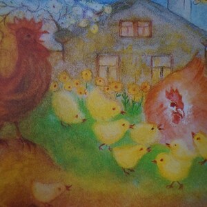 Postkarte Jahreszeitenkarte Kunstkarte Hühnerfamilie auf dem Bauernhof
