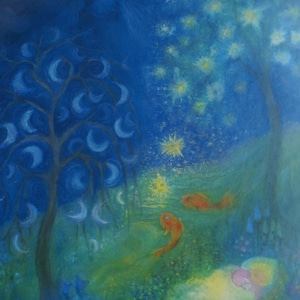 Postkarte Jahreszeitenkarte Kunstkarte Mond und Sternenbäumlein