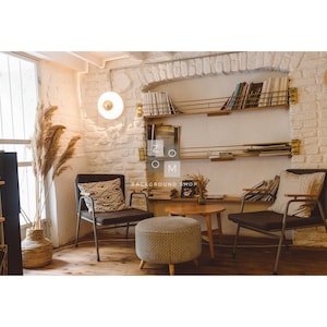 May include: A cozy interior scene with two black chairs, a small round table, and a patterned ottoman. A shelf with books is built into the white brick wall. The text "ZOOM BACKGROUND SHOP" is visible.