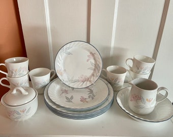 18 Piece Set Corelle/Corning Pink Trio Pattern Cups, Saucers, & Plates Set; Vintage Kitchen Dishes