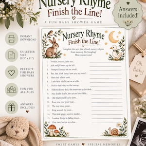 May include: A printable Nursery Rhyme Finish the Line baby shower game sheet on 8.5 inch by 11 inch paper. The game features illustrations of a rabbit, duck, snail, and mushrooms, with sixteen nursery rhyme prompts and blank lines for writing answers.