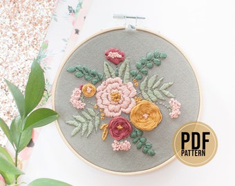 Flowers Embroidery Pattern / PDF Embroidery Pattern / Download Beginner Embroidery Pattern / Gray Flowers embroidery pattern