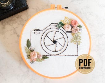 Camera Embroidery Pattern, Floral Beginner DIY (PDF Pattern)
