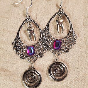 Tooth Gemstone Spiral Drop Earrings