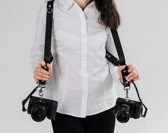 Arnés de cuero para dos cámaras hecho a mano, correa personalizada