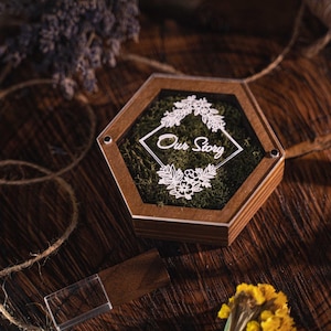 Personalized Wooden USB Box with Moss | Wedding Photo Storage | Rustic Keepsake Box for Photographers