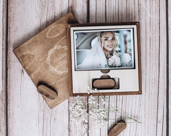 Engraved Wooden Photo Box 6x8 with USB Drive - Wedding Keepsake
