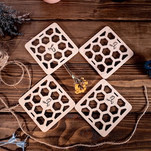 Honeycomb Wooden Coasters: Bee Engraved Drink Coasters
