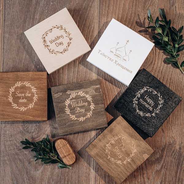 Boîte en bois, boîte USB en bois, boîte USB de mariage. Boîte à souvenirs en bois, boîte gravée, étui USB, gravure gratuite USB de mariage