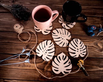 Wooden Monstera Leaf Coasters: Boho Drink Coasters