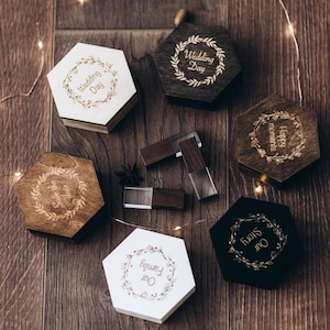 Personalized Hexagonal Wooden USB Box Set – Custom Engraved Keepsake for Weddings, Family, and Special Moments