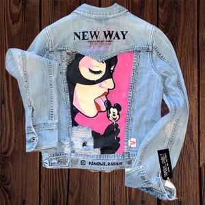 Hand painted Denim jacket &quot;Cat women & Mickey Mouse&quot;, Custom Denim Jacket, Artwork Jean jacket with acrylic painting, Customized jeans