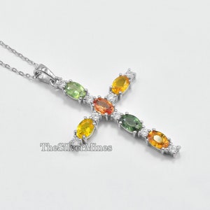 Natural Multi Sapphire Pendant Necklace/ 925 Sterling Silver/ September Birthstone/ Holy Cross Pendant/ Sapphire Jewelry/ Wedding Pendant