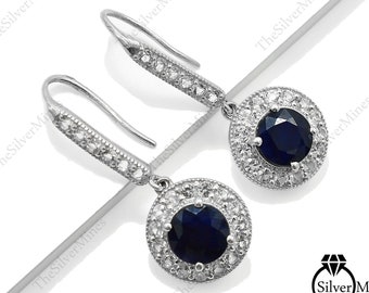 Sapphire Earrings/ 925 Sterling Silver/ Natural Sapphire Earrings/ Sapphire Studs/ September Birthstone/ Drop & Dangle Earrings/Gift For Her