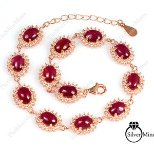 7 x 5 MM Runt Armband med Naturlig Rubin Cabochon, 925 Sterling Silver, Justerbart Kedjearmband, Juli Födelsesten, Bröllopsarmband, Present till henne