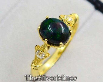 Natural Black Opal Ring/ Ethiopian Welo Black Opal/ 925 Sterling Silver/ October Birthstone/ 14K Yellow Gold Vermeil/ Engagement Ring Women