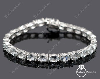 Natural Aquamarine Bracelet, Tennis Bracelet, 925 Sterling Silver, March Birthstone, Aquamarine Jewelry, Gemstone Bracelet, Gift For Her