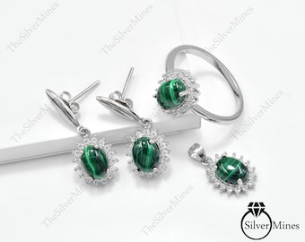 8x6 MM Natural Malachite Jewelry Set/ 925 Sterling Silver/ May Birthstone/ Ring Earrings Pendant Jewelry Set/ Gift For Her/ Anniversary Gift