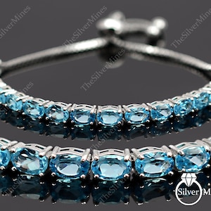 Natural Swiss Blue Topaz Bracelet/ 925 Sterling Silver/ Bolo Adjustable Chain Bracelet/ December Birthstone/ Gemstone Bracelet/ Gift For Her