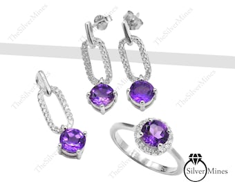 Natural Amethyst Dainty Jewelry Set/ 925 Sterling Silver/ February Birthstone/ Amethyst Ring Earrings Pendant Jewelry Set/ Women Jewelry Set