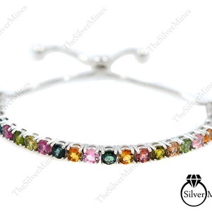 Natural Multi Tourmaline Bracelet, 925 Sterling Silver, Bolo Bracelet, October Birthstone, Adjustable Bracelet, Multi Tourmaline Jewelry