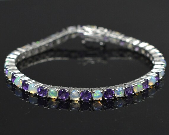 Natural Amethyst Fire Opal Bracelet 925 Sterling Silver Tennis