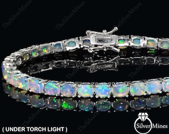 Bracelet Tennis En Argent 925 Avec Opales De Feu Éthiopiennes – 3x4 Mm – 4,75 Ct – Neuf