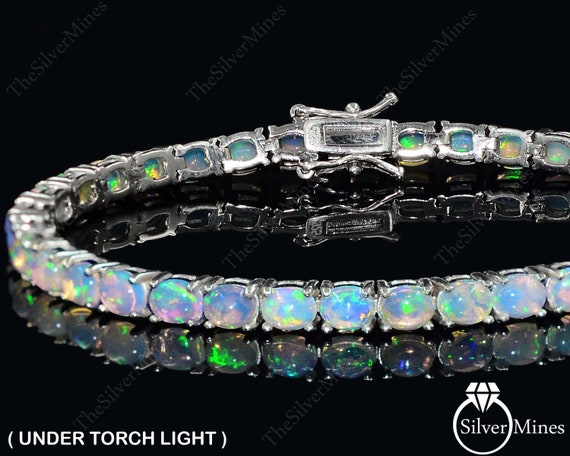 Exquisite Natural Australian Opal and Solid 14k Yellow Gold Tennis Bracelet