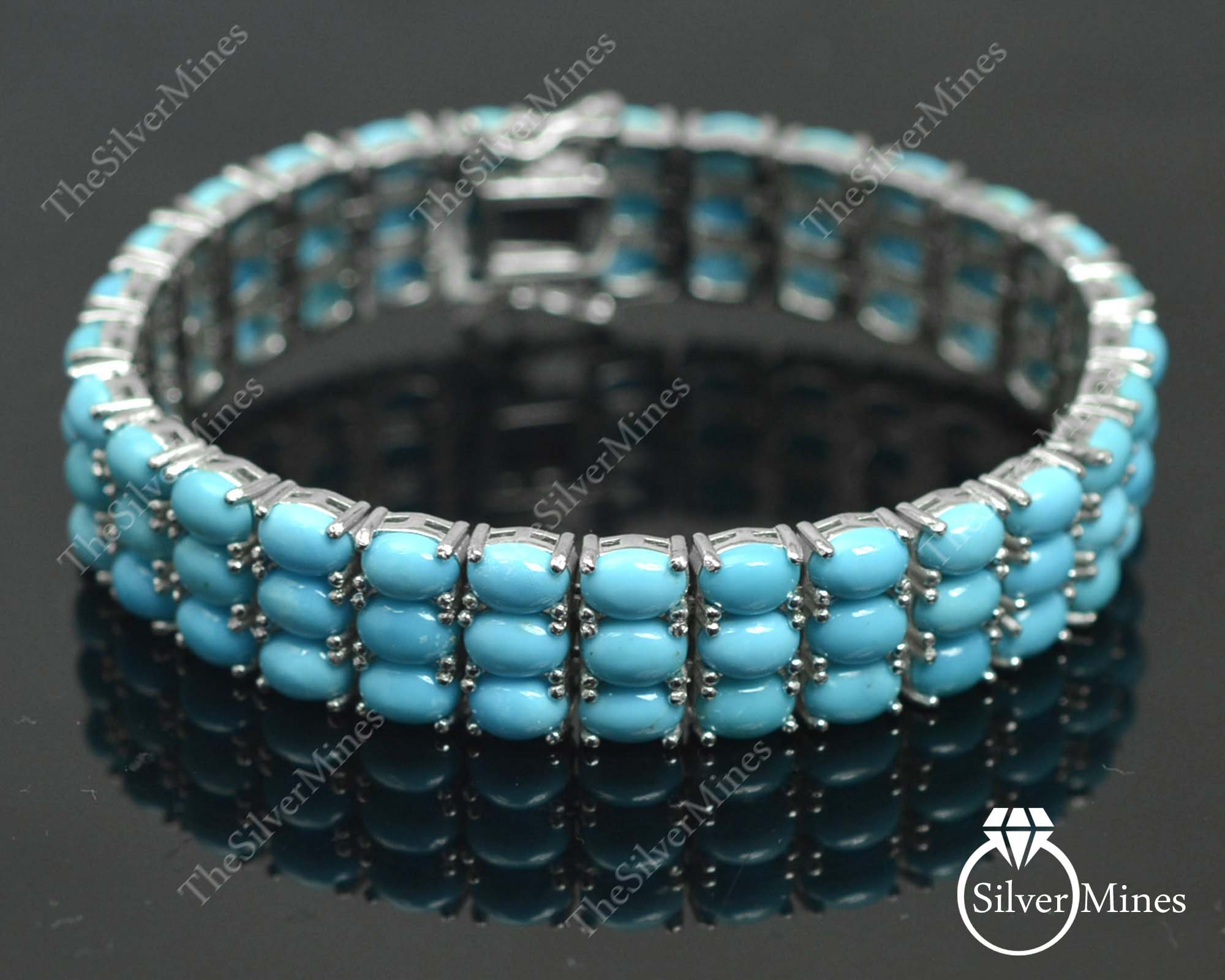 Details about   Natural Turquoise Gemstone 925 Solid Sterling Silver Three Line Tennis Bracelet