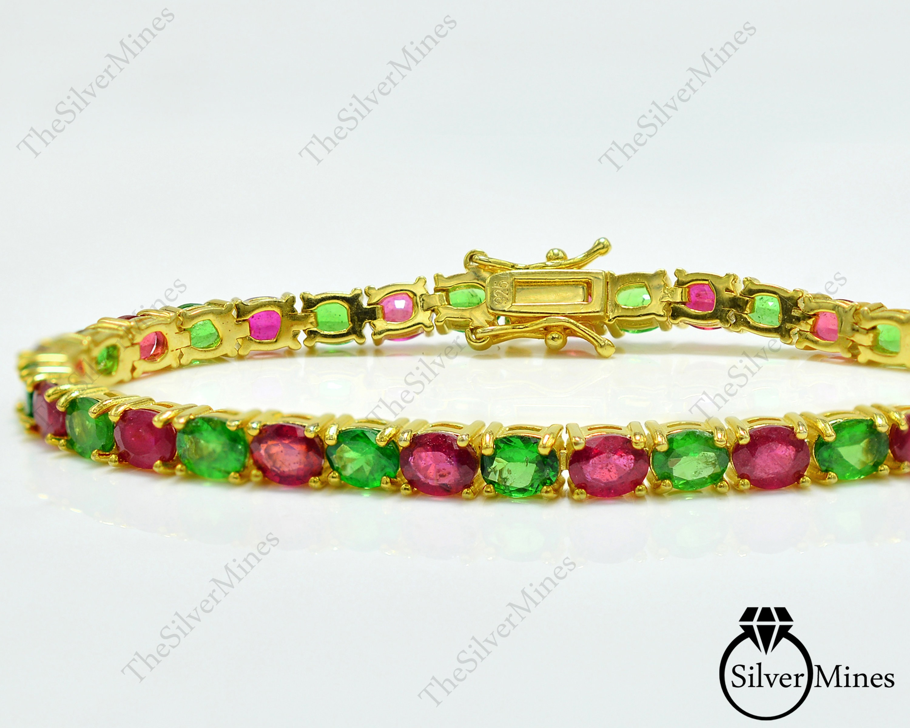 Natural Tsavorite Garnet & Ruby Bracelet/ 925 Sterling Silver/ Tennis Bracelet/ 14K Rose Gold Vermeil/ Dual Birthstone/Women Silver Bracelet