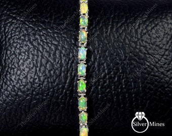 Natural Ethiopian Welo Fire Opal Bracelet, 925 Sterling Silver, Tennis Bracelet, Opal Gemstone Bracelet, October Birthstone, Gift For Her
