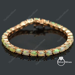 Natural Ethiopian Welo Opal Cabochon Bracelet, 925 Sterling Silver, Opal Tennis Bracelet, October Birthstone, Opal Jewelry, Gift For Her