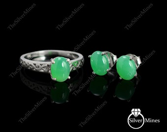Natural Chrysoprase Jewelry Set/ 925 Silver Jewelry Set/ Chrysoprase Ring Earring Jewelry Set/ Gemstone Jewelry Set/ Christmas Gift For Her