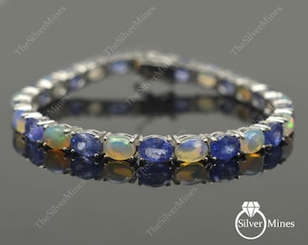 Natural Tanzanite & Opal Bracelet/ 925 Sterling Silver/ Tennis Bracelet/ Gemstone Bracelet/ Dual Birthstone/ Gift For Her/ Wedding Bracelet
