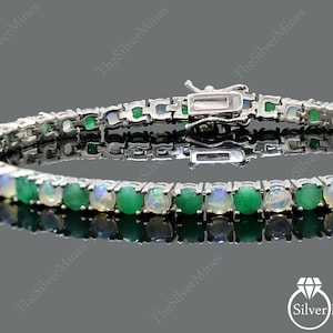 Bracelet émeraude naturelle et opale de feu/ Argent sterling 925/ Bracelet tennis/ Bracelet de pierres précieuses/ Double pierre de naissance/ Cadeau pour elle/ Bracelet pour femme
