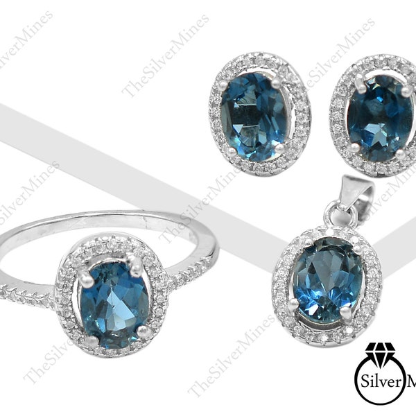 925 Sterling Silver Natural Blue Topaz Gemstone Jewellery Set, Necklace ...