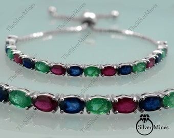 Pulsera de zafiro esmeralda rubí natural / plata de ley 925 / pulsera ajustable bolo / pulsera hecha a mano / pulsera de piedras preciosas / regalo para ella