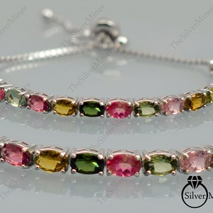 Natural Multi Tourmaline Bracelet, 925 Sterling Silver, Bolo Adjustable Bracelet, Multi Color Bracelet, October Birthstone, Gift For Her