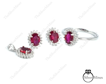 Natürliche Rubin Schmuck Set / 925 Sterling Silber / Rubin Schmuck Set Ring Ohrring Anhänger / Juli Geburtsstein / Hochzeit Schmuck Set / Geschenk für Sie