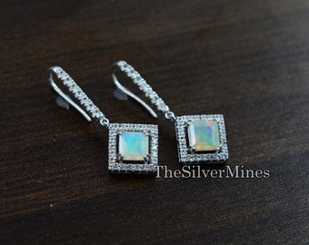 Natural Ethiopian Opal Cut Earrings/ 925 Sterling Silver/ Square Cut Gemstone Opal/ October Birthstone/ Drop & Dangle Earrings/ Gift For Her