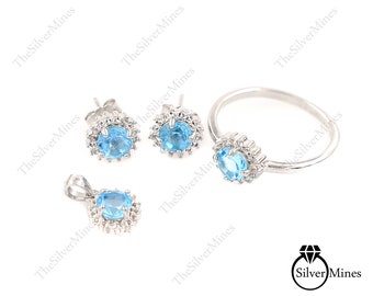 Natural Swiss Blue Topaz Jewelry Set/ 925 Sterling Silver/ Jewelry Set Ring Earrings Pendant/ December Birthstone/ Gift For Her/Wedding Gift