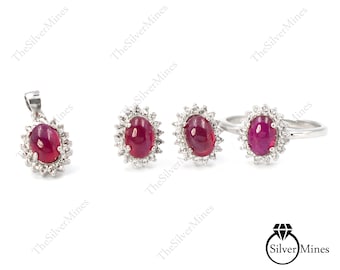 Natural Ruby Cabochon Set/ Ruby Jewelry Set/ 925 Sterling Silver/ Ruby Ring Earring Pendant Jewelry Set/ Gift For Her/ Wedding Jewelry Set