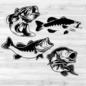 Paquete SVG de pez lubina / Clipart de pesca en el lago / Archivo de corte para papá pescador / Idea de regalo para pescador / Plantilla de pez de boca grande / Animal de agua dulce dxf