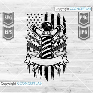 May include: Black and white illustration of a barber pole with a banner and various barber tools, including scissors, razors, and combs, set against a distressed American flag background.