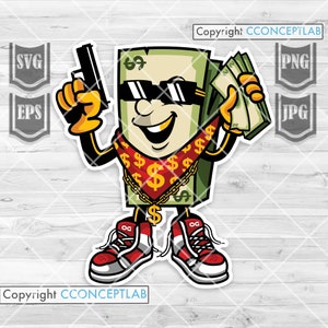 Money Gangster svg / Dollar Bill Clipart / Rich Hipster Cutfile / Hippie Mascot con Gun and Money Bill Stencil / Mafia jpeg / Hooligan dxf