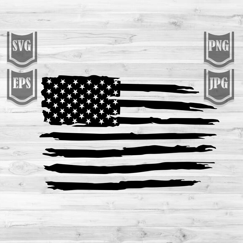 May include: A distressed black and white American flag design. The flag is a silhouette with a distressed, worn look.