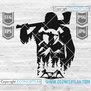May include: Black and white silhouette of a lumberjack with an axe over his shoulder, with a mountain and forest scene inside his body. Includes SVG, EPS, PNG, and JPG file type icons. Copyright CCONCEPTLAB and www.cconceptlab.com are also visible.