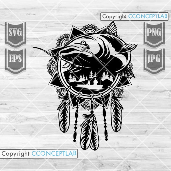 Cat Fish Mandala Dreamcatcher svg | Teepee Sea Animal Clipart | Boho and Feathers Cut File | Lake Fishing Shirt png | Dream Catcher Cutfile