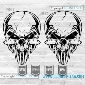 May include: A black and white illustration of a skull with a menacing expression. The skull has a cracked forehead and sharp teeth. The image is a digital file for download.