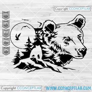 Scène d'ours svg | Clipart extérieur | Fichier découpé pour animaux sauvages | Pochoir Woodland | Afficher dxf | Chemise campeur png | Grizzly jpg | Rugissement de chasse